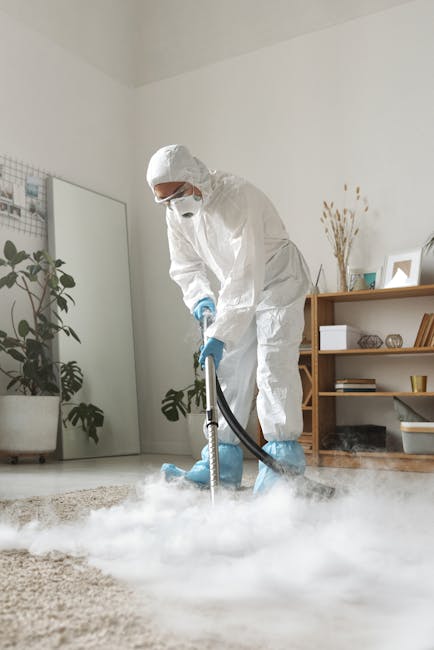 A professional cleaner dressed in full white protective suit, face mask, and blue gloves performing surface cleaning with a steam or fogger device on a plush beige carpet in a modern, well-lit living